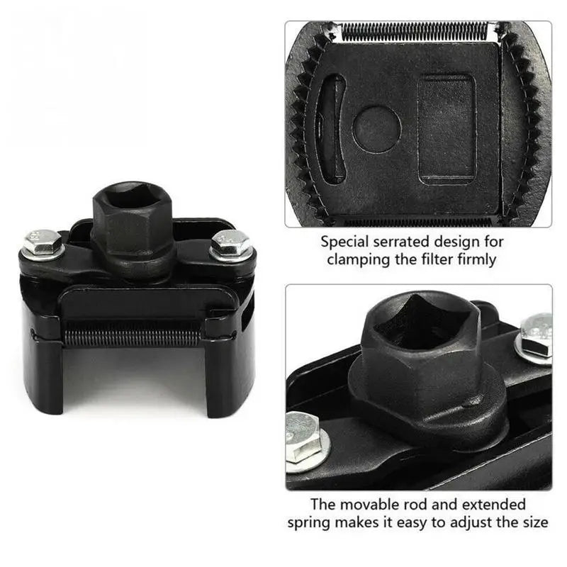 Black adjustable oil filter wrench with a serrated design and a movable rod for clamping filters.