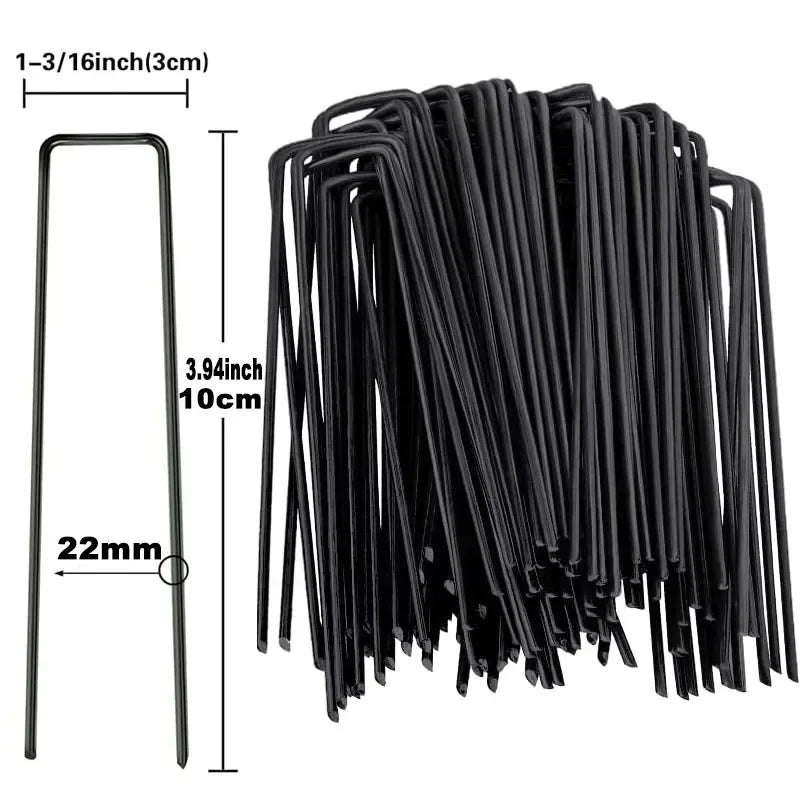 A bundle of black galvanized U-shaped garden staples with a 1-3/16 inch length.