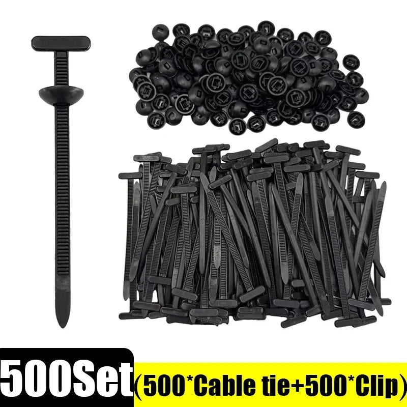 A set of 500 nylon push-pin cable tie fasteners and clips for auto panel repair and cable management.