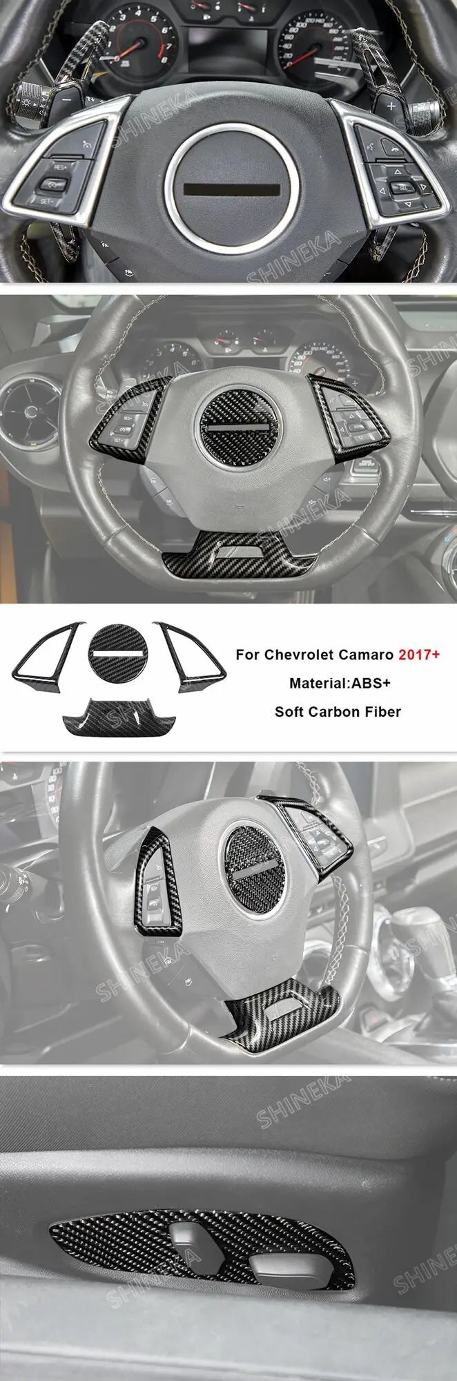 Carbon fiber interior trim kit for Chevrolet Camaro 2017+ showing steering wheel and dashboard components
