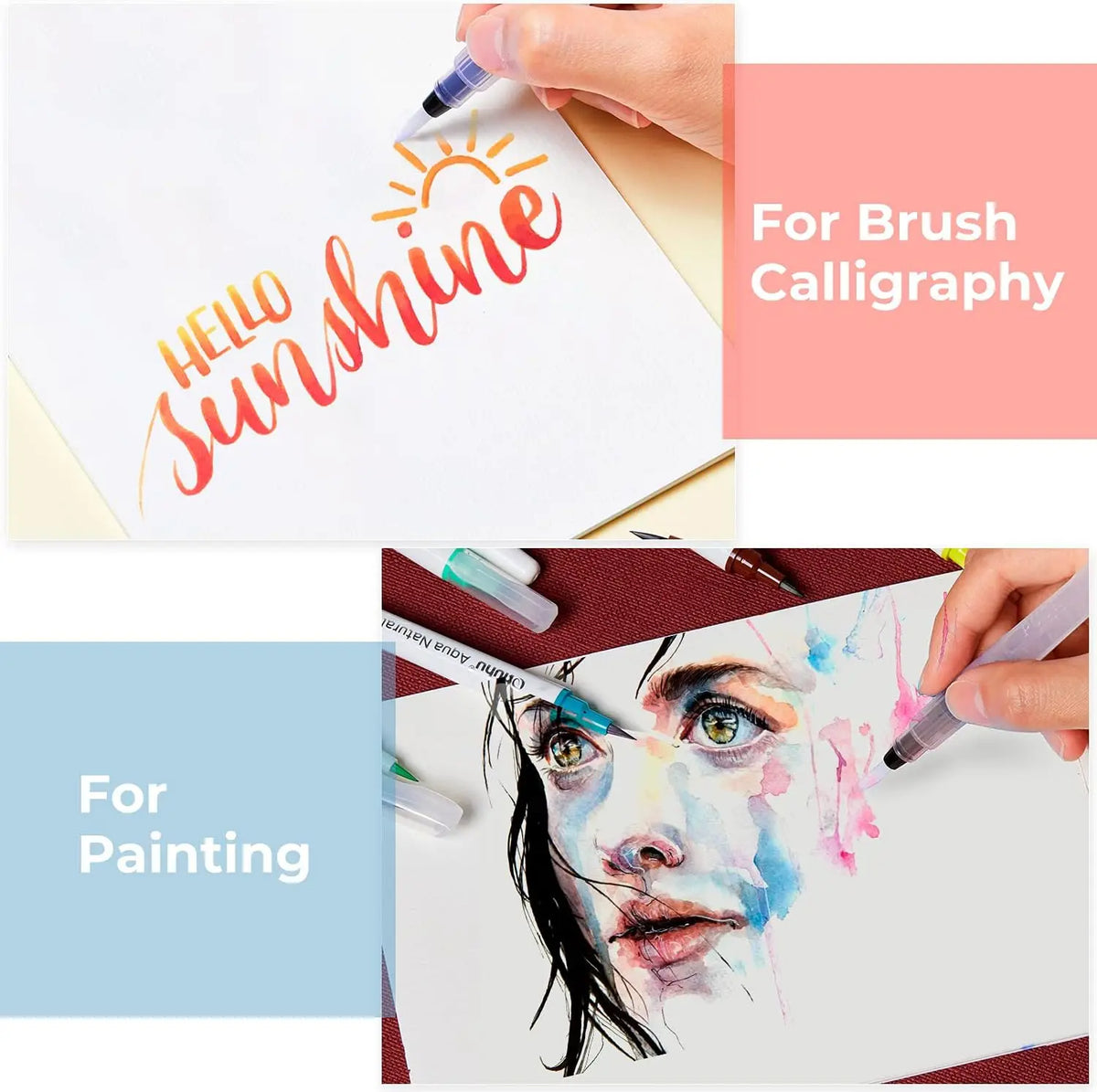 A set of watercolor brush pens is shown with examples of calligraphy and painting.