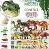 A collection of 46 dinosaur figurines and a storage box are displayed against a green foliage background.