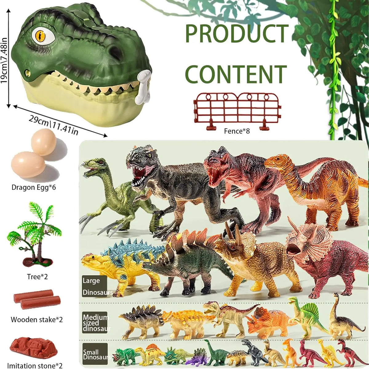A collection of 46 dinosaur figurines and a storage box are displayed against a green foliage background.