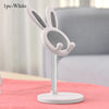A white rabbit-shaped mobile phone and tablet stand with a gray mesh design on a white base.