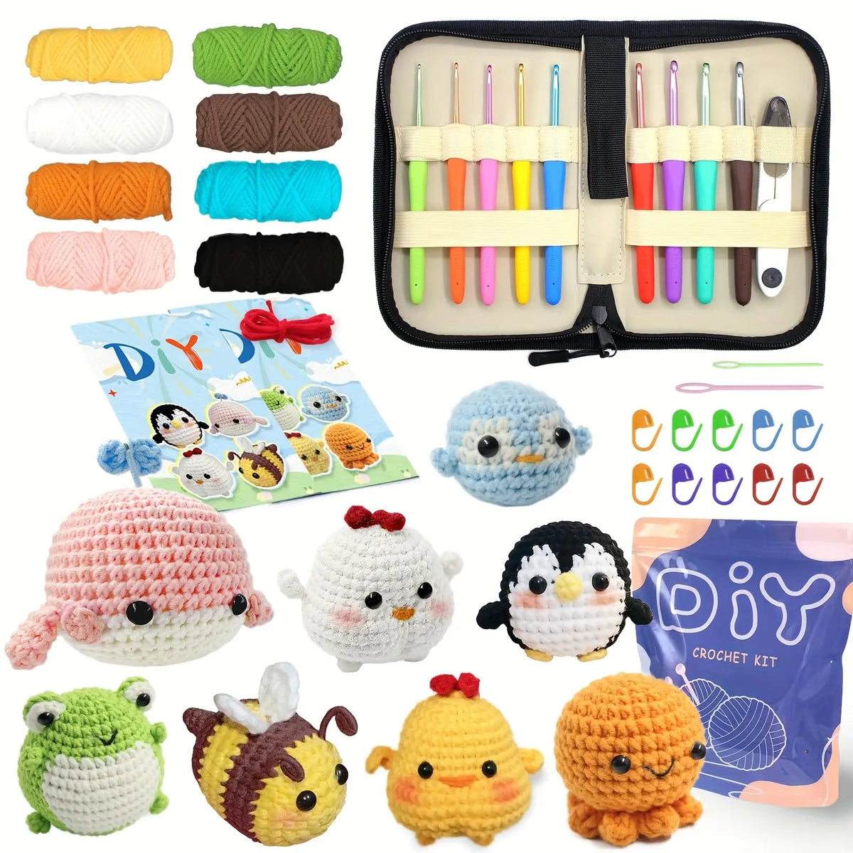 A collection of colorful crochet animals including sea creatures, bears, and other cute figures with a step-by-step guide.