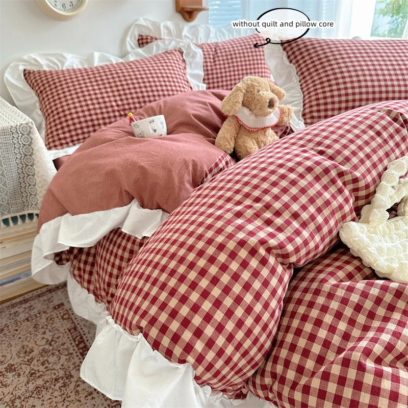 Red and Black Plaid Duvet Cover Set with Lace Embroidery