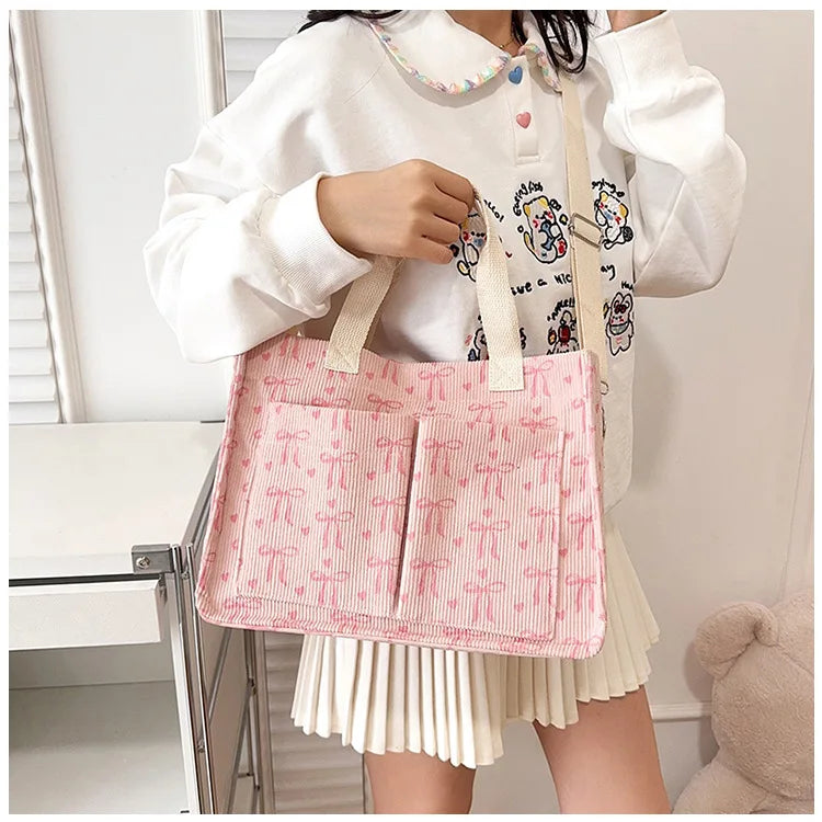Strawberry Bowknot Canvas Tote Bag
