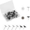 A clear plastic box containing 100 transparent push pins and thumb tacks.