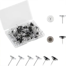 A clear plastic box containing 100 transparent push pins and thumb tacks.