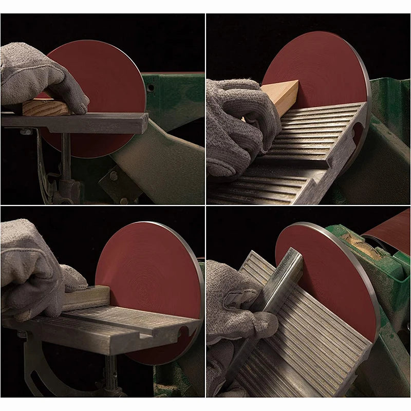 Hands are shown using a sanding disc on a bench, demonstrating the multi-grit aluminum oxide sanding discs for various materi