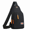 Black Oxford canvas crossbody chest bag with multiple zippered pockets and orange accents
