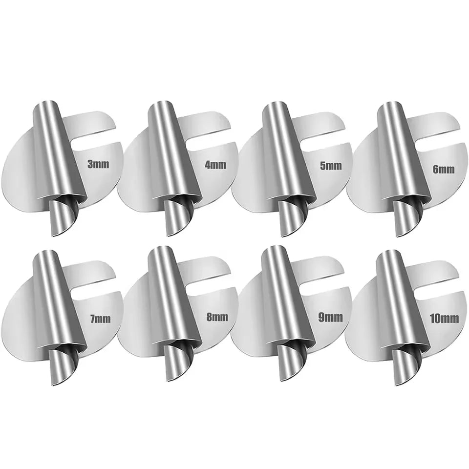 A set of universal rolled hemmer presser feet for sewing machines, showing sizes from 3mm to 10mm.
