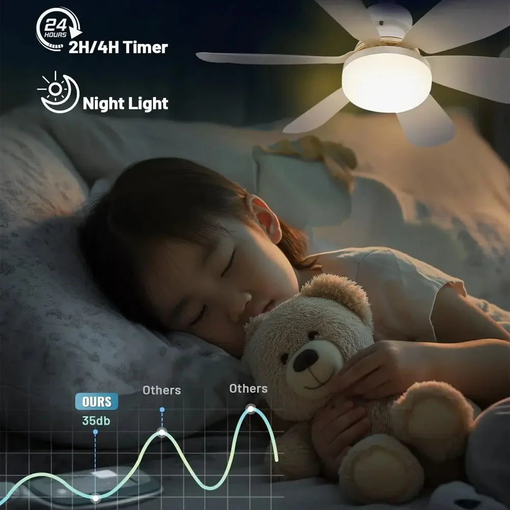 A child sleeping peacefully under a soft night light while a ceiling fan illuminates the room.