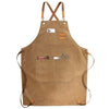 A brown canvas apron with leather straps and multiple utility pockets for tools and items.
