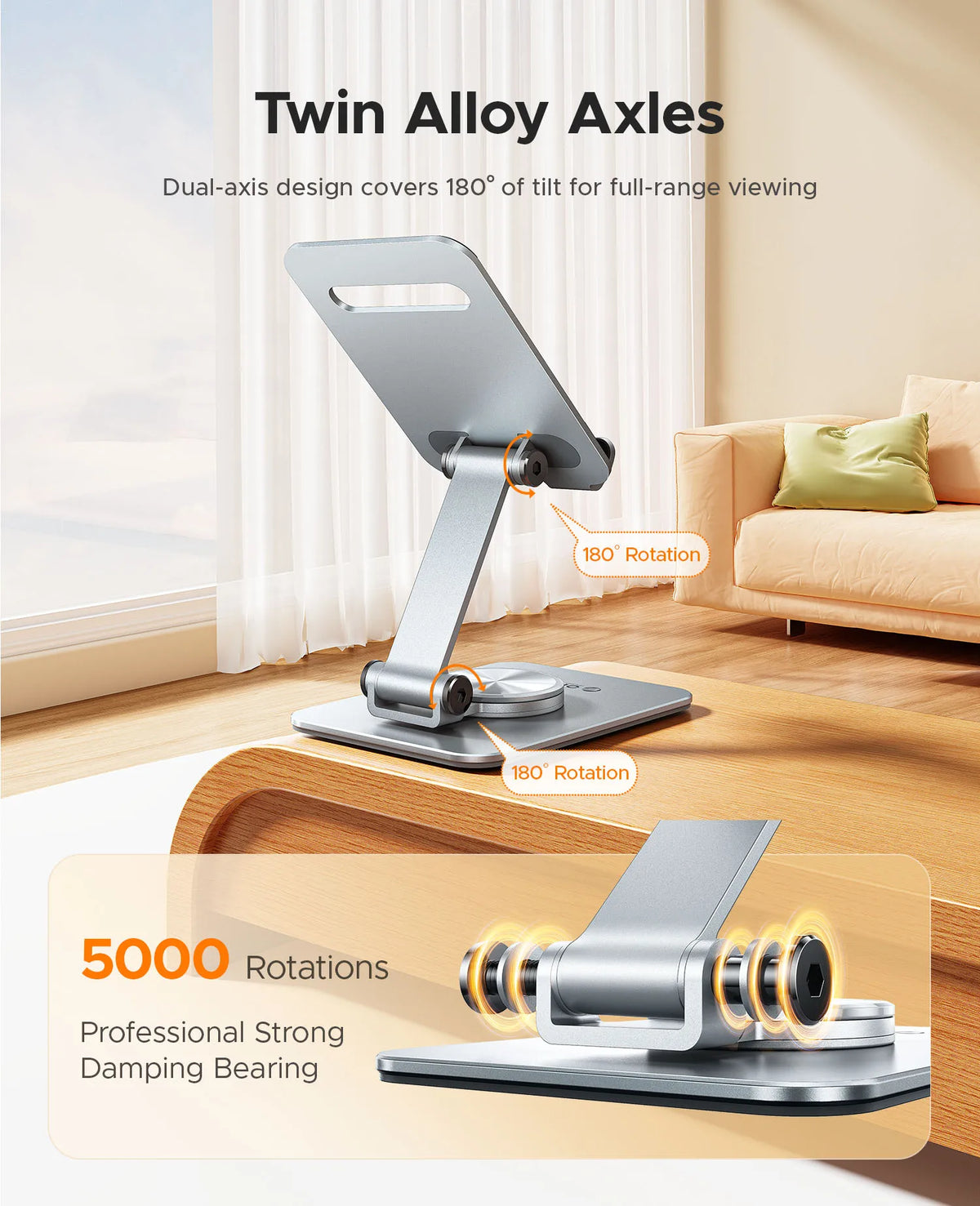 Twin Alloy Axles phone stand demonstrating 180 degree tilt for full-range viewing