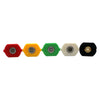 A set of five colored quick-connect pressure washer nozzles in red, yellow, green, white, and black.