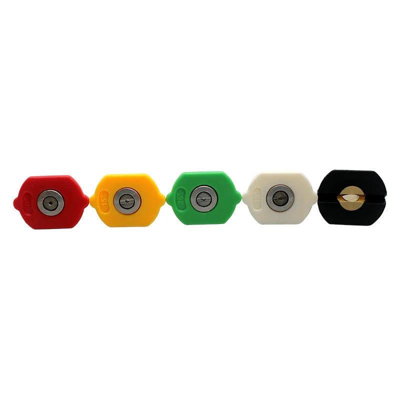 A set of five colored quick-connect pressure washer nozzles in red, yellow, green, white, and black.