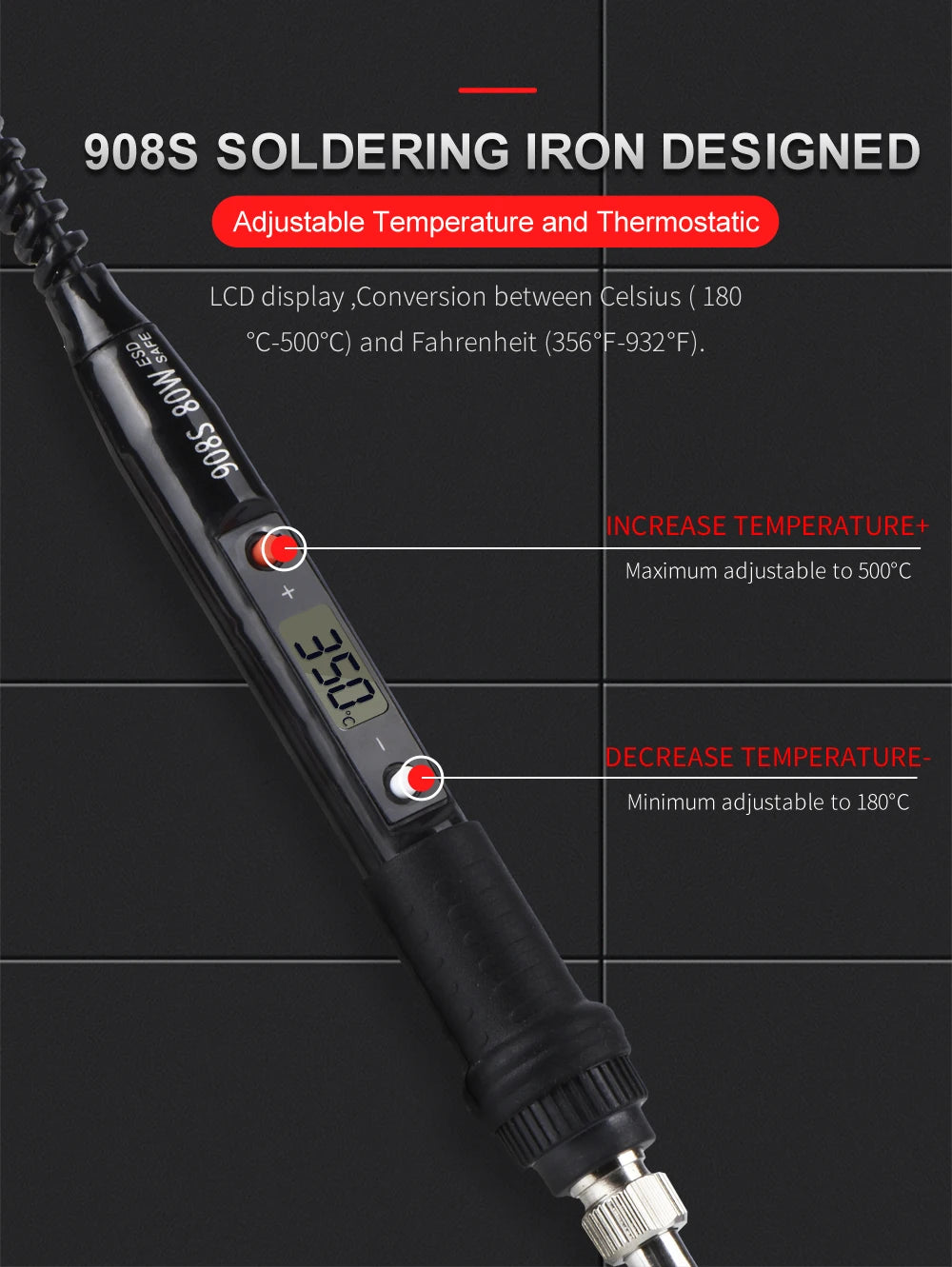 A close-up view of a 908S soldering iron with an LCD display showing temperature settings and features.