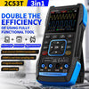 A black and blue 3-in-1 tool featuring an oscilloscope, multimeter, and signal generator functions.