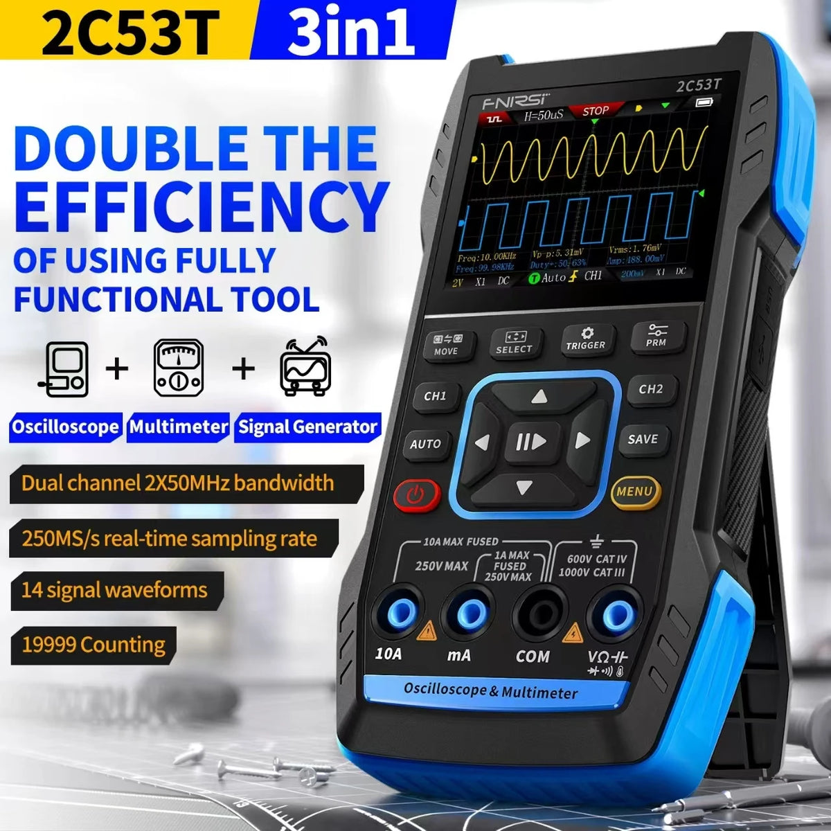 A black and blue 3-in-1 tool featuring an oscilloscope, multimeter, and signal generator functions.