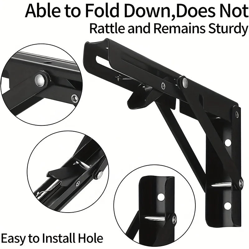 Black folding shelf brackets designed to be sturdy and easy to install.