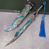 A full-size collectible metal katana sword inspired by Naraka, featuring a silver blade and blue hilt and tassel.
