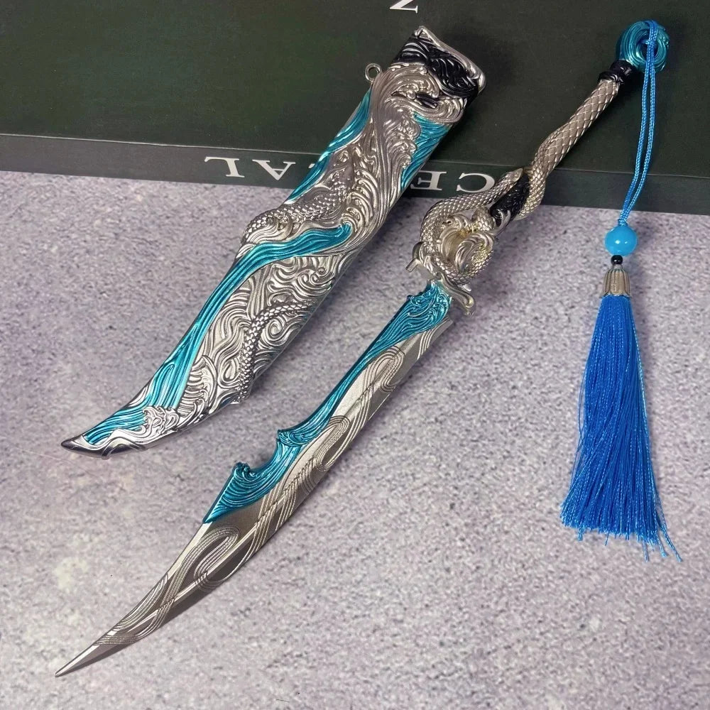 A full-size collectible metal katana sword inspired by Naraka, featuring a silver blade and blue hilt and tassel.