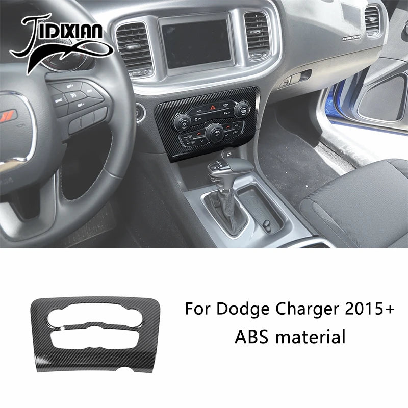 Carbon fiber interior trim kit for Dodge Charger featuring a steering wheel and center console components