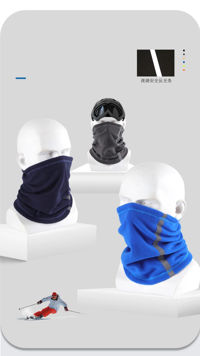 A display showing a black neck warmer and a blue neck warmer on white manikins.