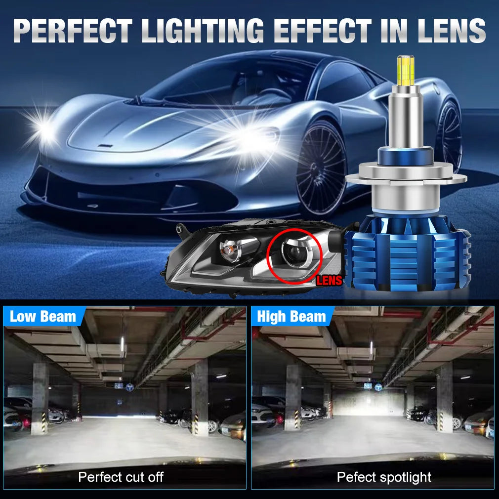XSTORM H7 LED headlight bulbs demonstrating perfect lighting effects in a car lens.