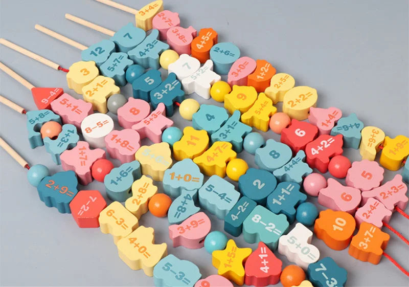 Wooden Lacing Beads Set for Kids with Animal, Fruit, Letter & Number Shapes