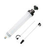 A white manual oil extractor pump with a black handle and clear tubing.