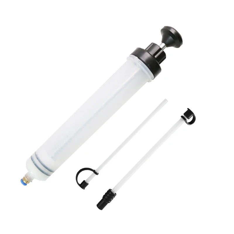 A white manual oil extractor pump with a black handle and clear tubing.