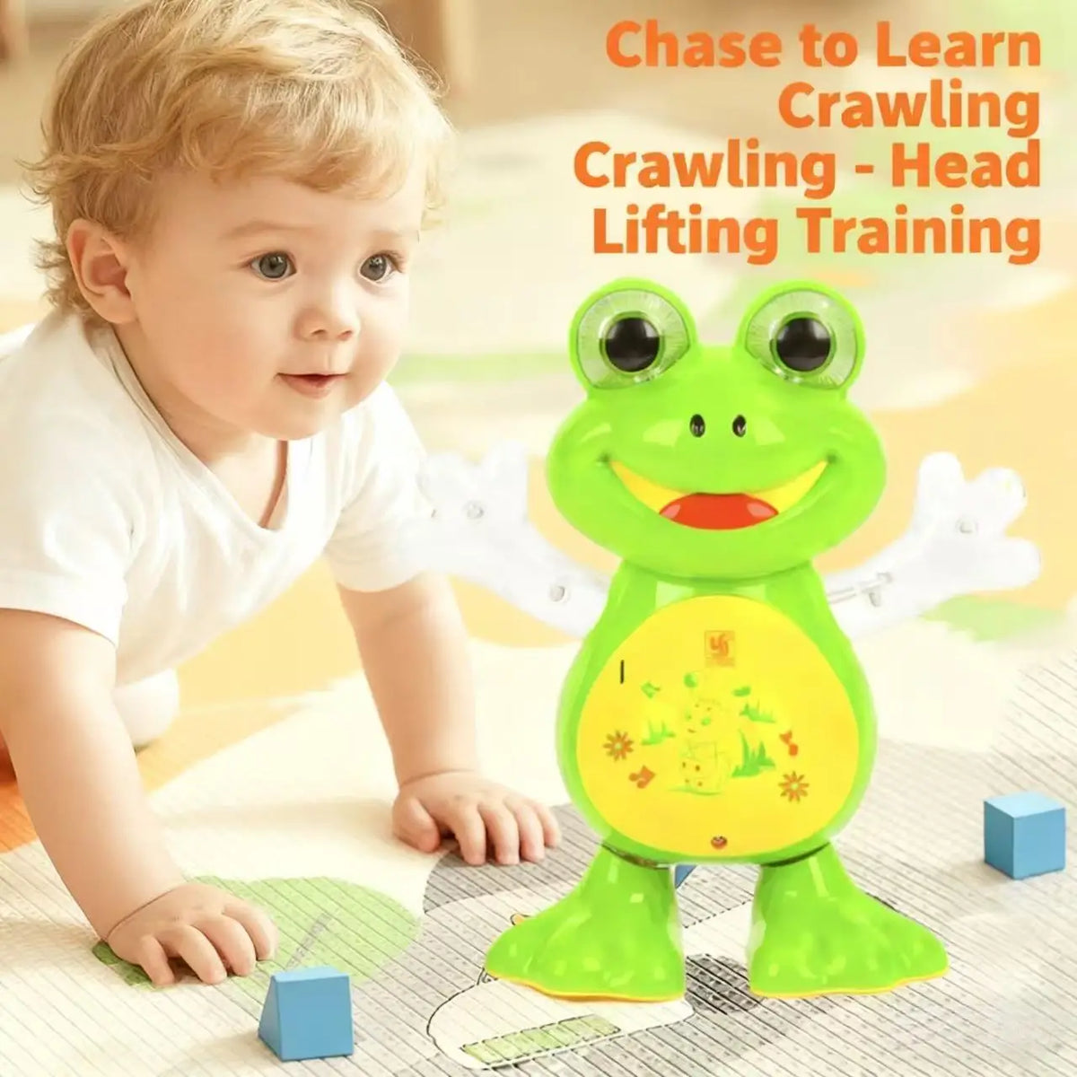 A baby is interacting with a green frog toy designed for head lifting crawling training.