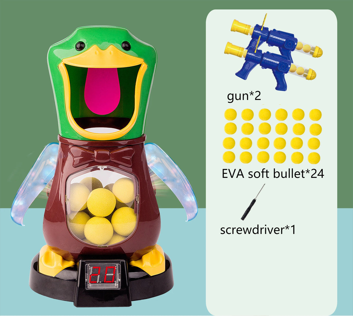 A green duck-shaped target game featuring a brown body, clear wings, and an internal mechanism for shooting soft darts.