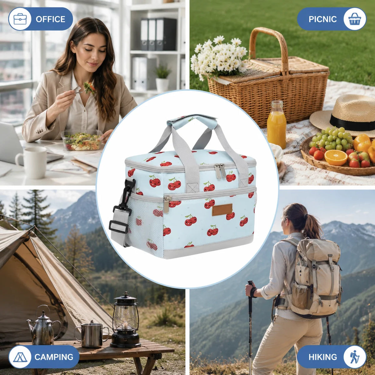Insulated lunch bag in light blue and white fabric shown in various outdoor contexts like office, picnic, camping, and hiking