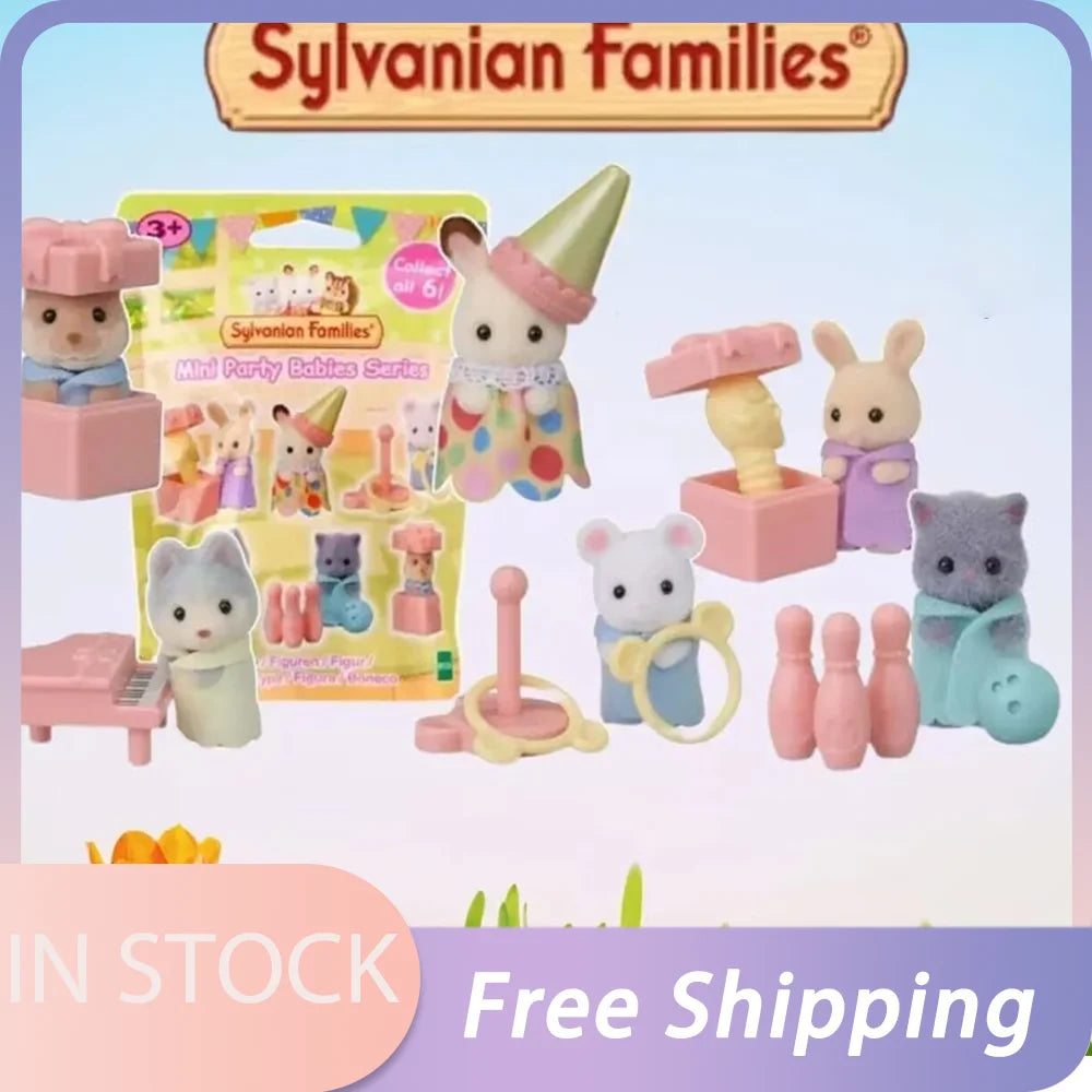 Sylvanian Families Mini Party Babies series featuring a pink and green kitchen playset with food accessories