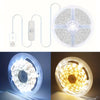 USB LED strip light with remote control shown alongside a circular light fixture and a close-up of the light in use.