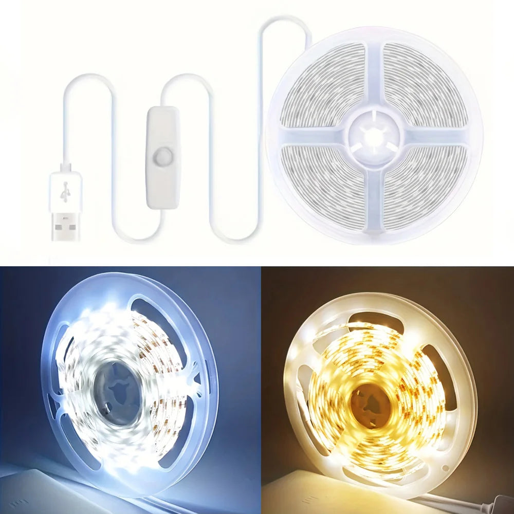 USB LED strip light with remote control shown alongside a circular light fixture and a close-up of the light in use.