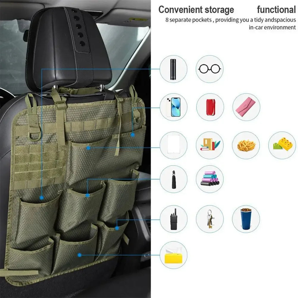 Tactical seat back organizer with eight separate pockets for convenient in-car storage