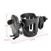 Black universal stroller cup and phone holder with adjustable strap and mounting bracket