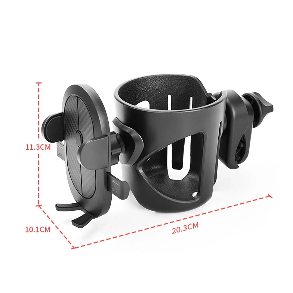 Black universal stroller cup and phone holder with adjustable strap and mounting bracket