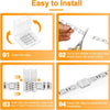 Step-by-step instructions showing how to install solderless LED strip connectors for 4-pin RGB strips.