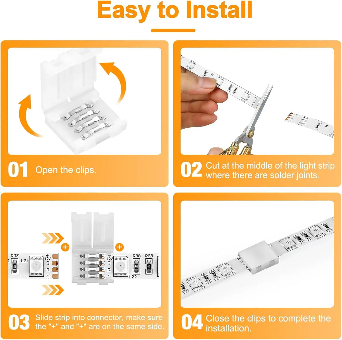 Step-by-step instructions showing how to install solderless LED strip connectors for 4-pin RGB strips.