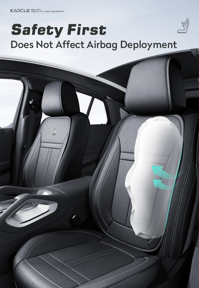 A close-up view of a black car seat with a white protective cover installed, emphasizing safety features.
