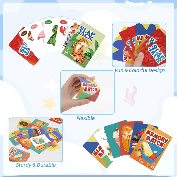 Un jeu de cartes mémoire colorées et flexibles avec des animaux et objets pour un jeu de famille.