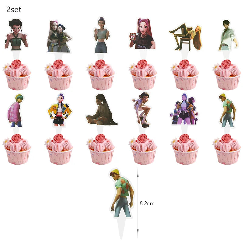 A set of music-themed birthday party decorations featuring various female figures and pink cupcake-shaped items.