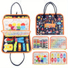 A colorful Montessori busy board for toddlers featuring various shapes, colors, and number cards.