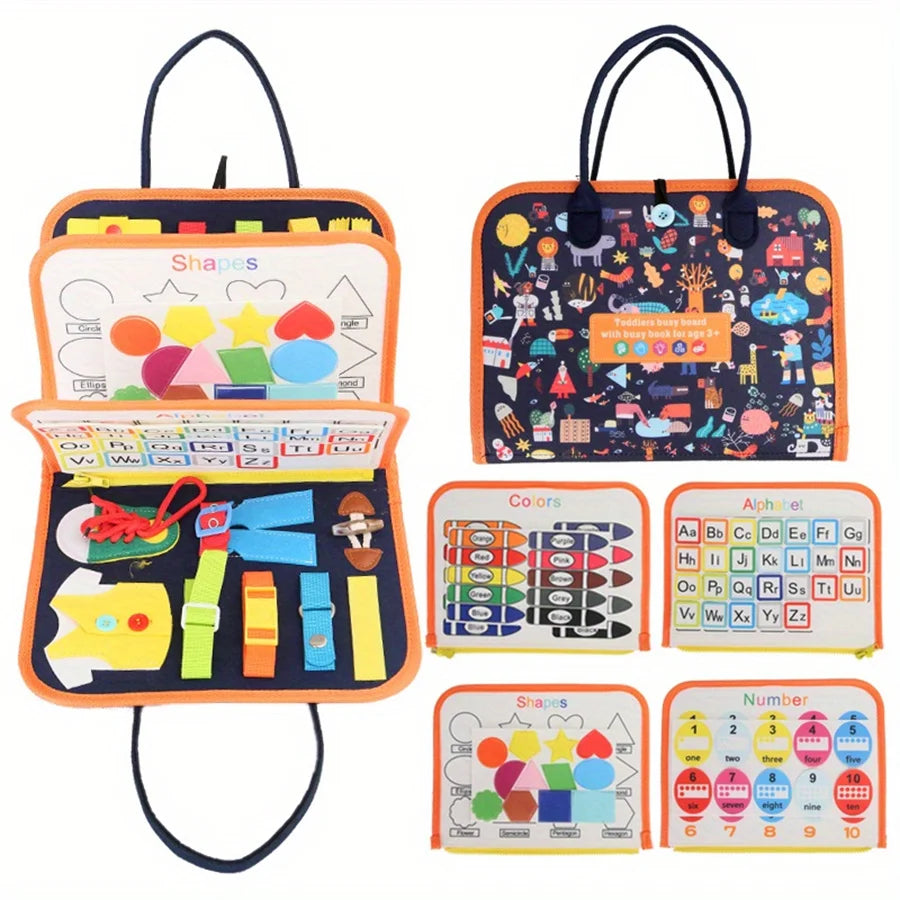 A colorful Montessori busy board for toddlers featuring various shapes, colors, and number cards.