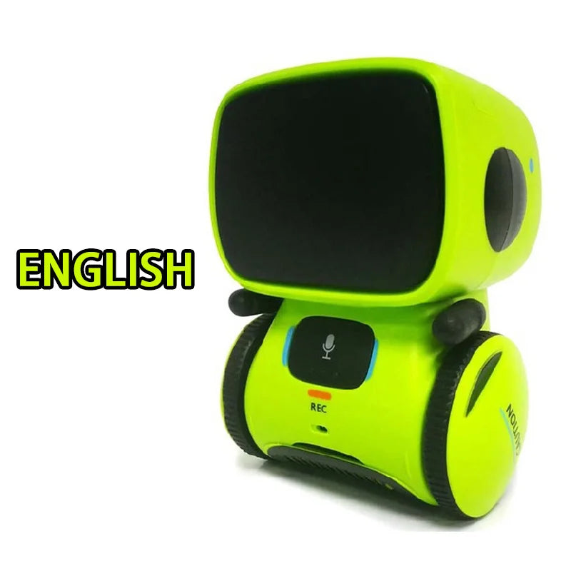 A lime green interactive voice-controlled robot toy with a black screen and audio features.